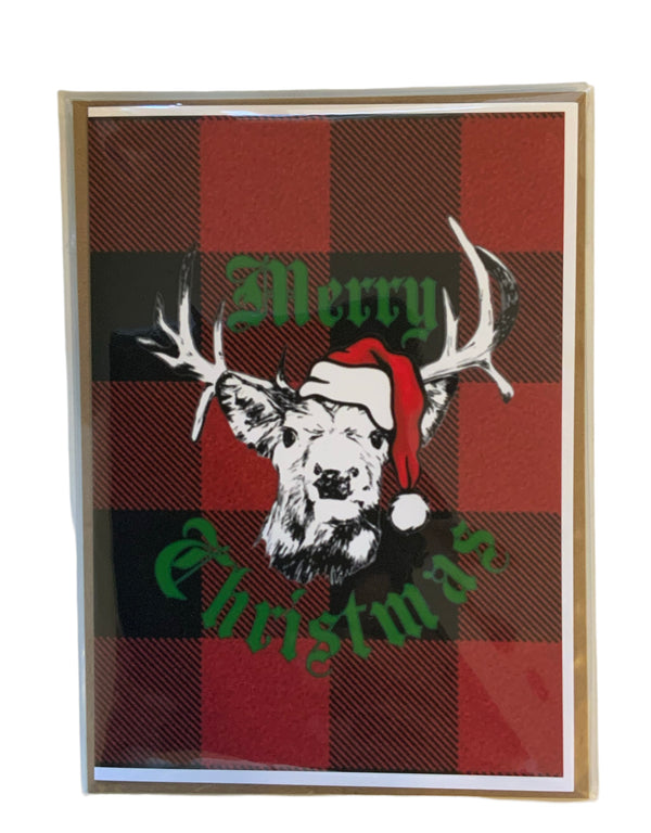Merry Christmas Whitetail Deer Card with flannel background